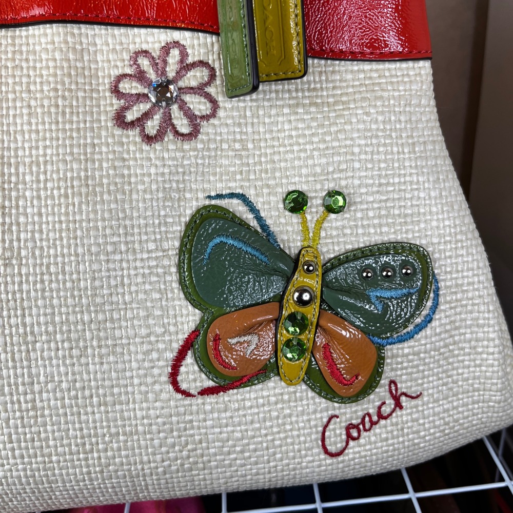 ♡ Coach Y2K Lexi Straw Tote Colorful Butterfly Appliqué Shoulder Bag ♡ - Picture 4 of 15